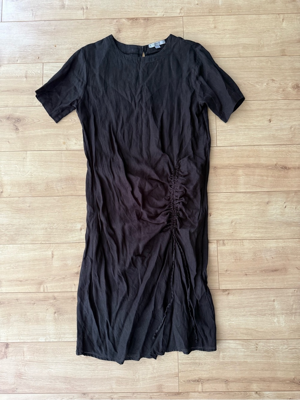 Stateside 100% Linen Black Ruched Shift Dress Made in USA Size Medium